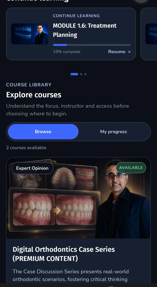 Smart Dentist course library and progress screen