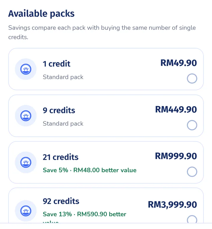 Smart Dentist mentorship credit pack choices displayed inside the mobile app