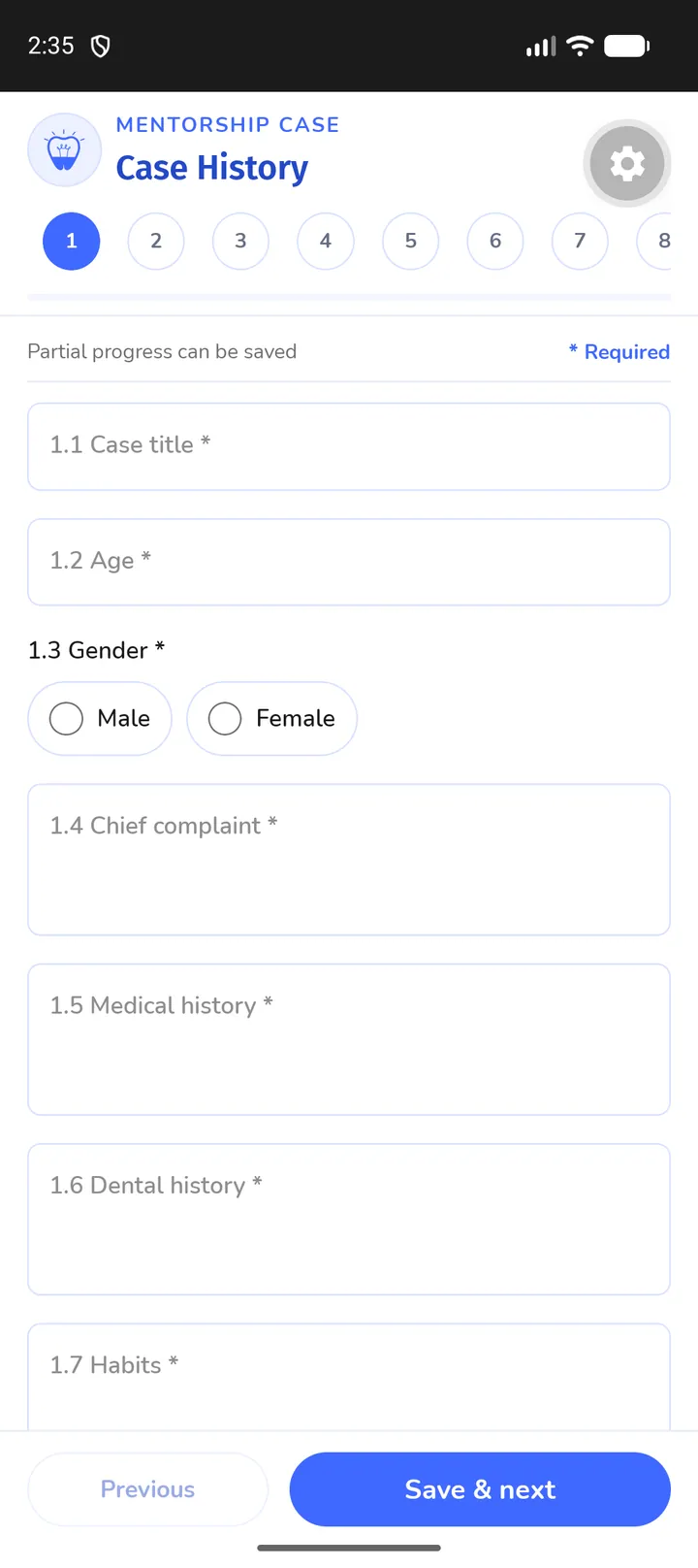 Smart Dentist guided mentorship case history form with numbered progress steps